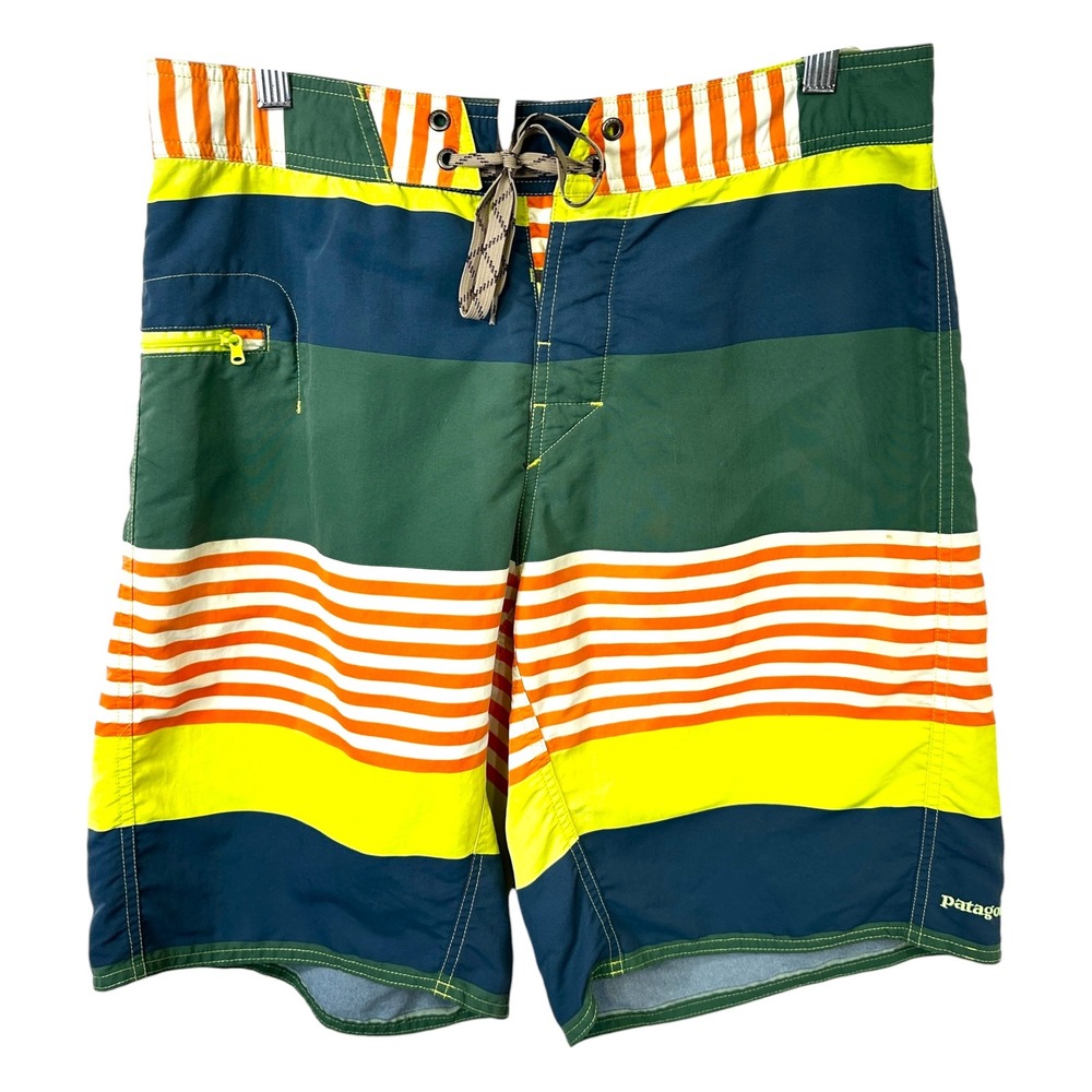 Patagonia 32‎ Striped Board Shorts Mens Swim Trunks Zip Pocket Green Orange 1330